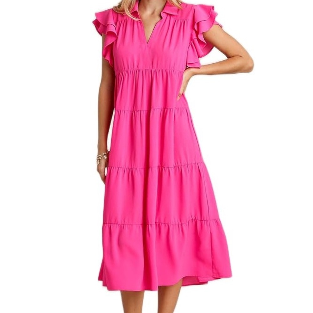 Umgee Vibrant Pink Ruffled Tiered Dress